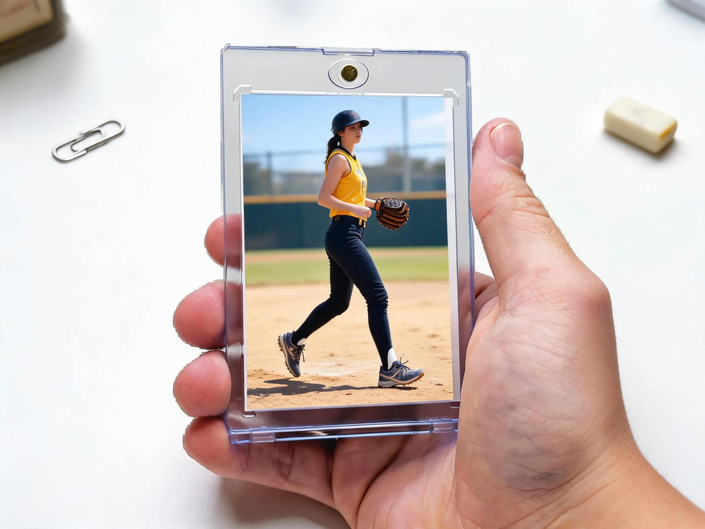Custom keepsake trading card in clear magnetic case, sunlit stadium design, held in hand.