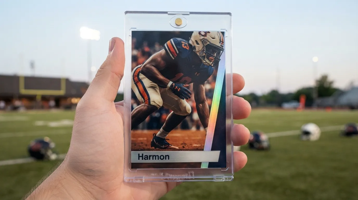 Hand holding magnetic case with custom card demonstrating how to make your own football card.