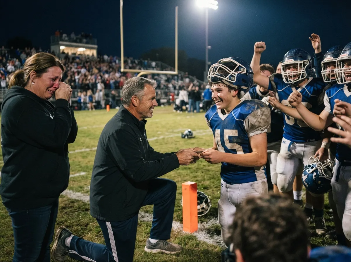 Coach and young football player share proud emotional moment under Friday night stadium lights.