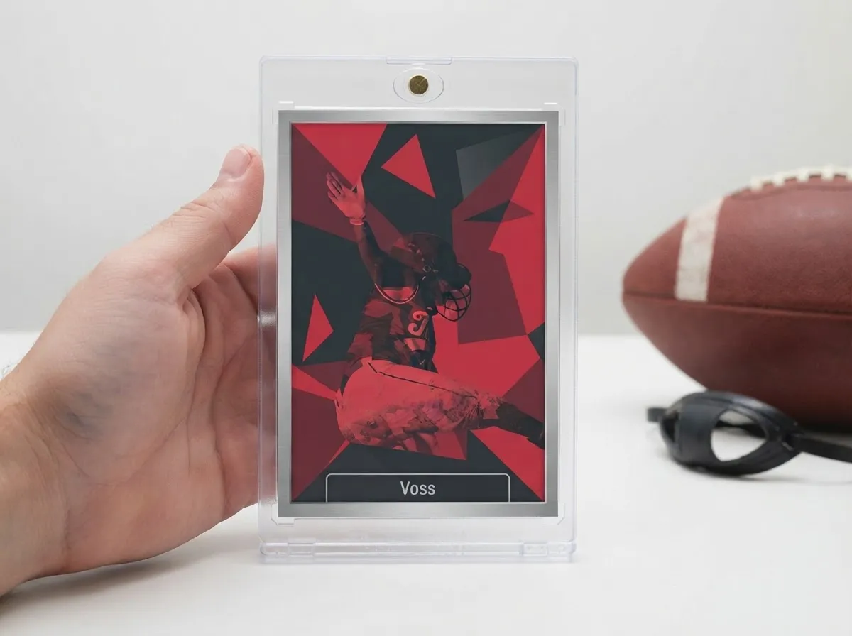Custom football trading card in clear magnetic display case on white tabletop.
