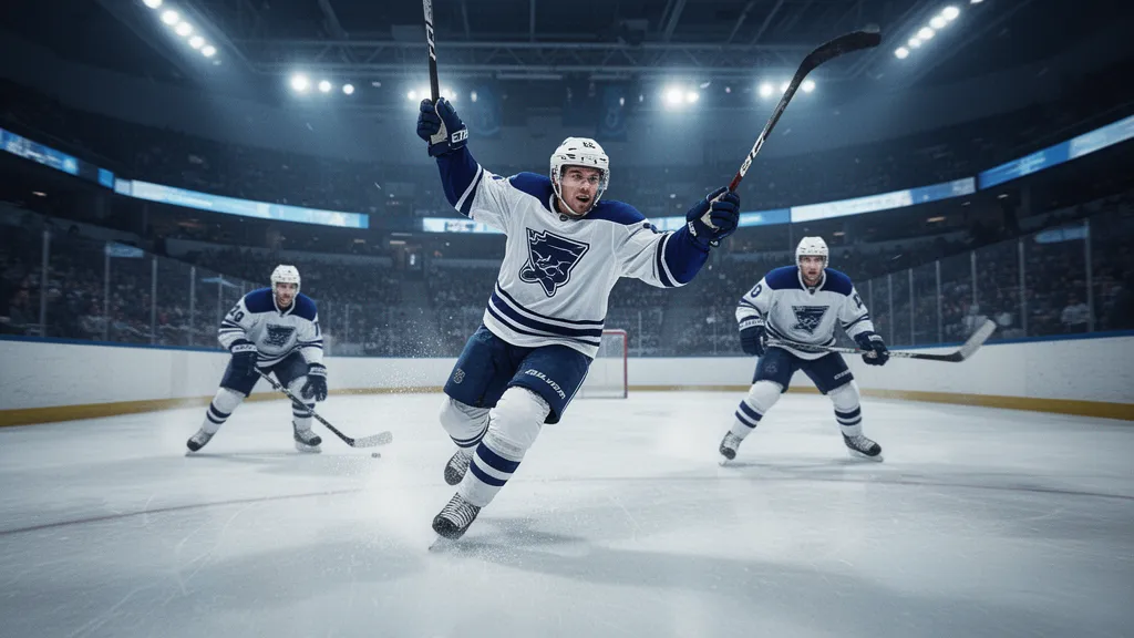 Hockey player in motion on ice during competitive game with dynamic lighting