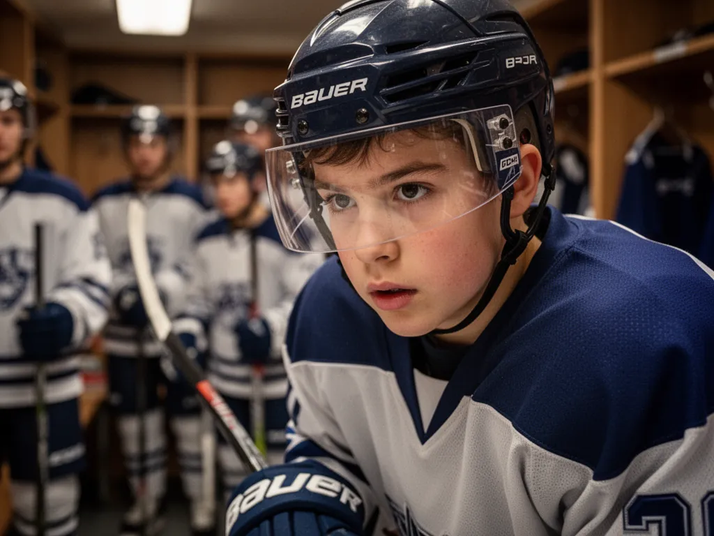 Young hockey player's determined expression in locker room before game