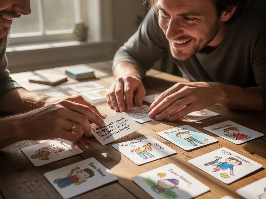 Close-up of hands arranging custom homemade game cards with a mentor observing supportively nearby.
