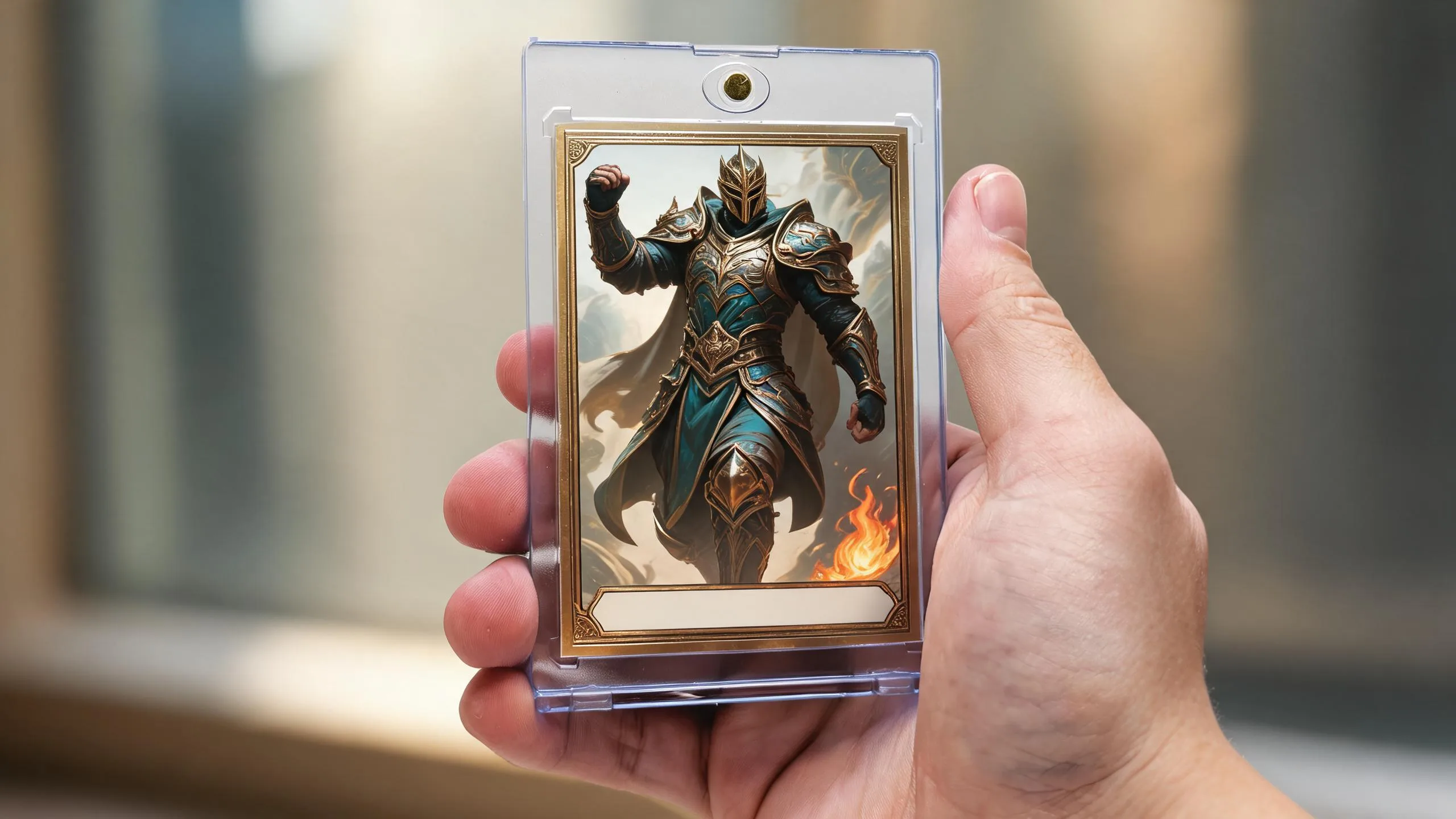 Hand holding magnetic case with painted full-art card, showing how to make your own pokemon card.
