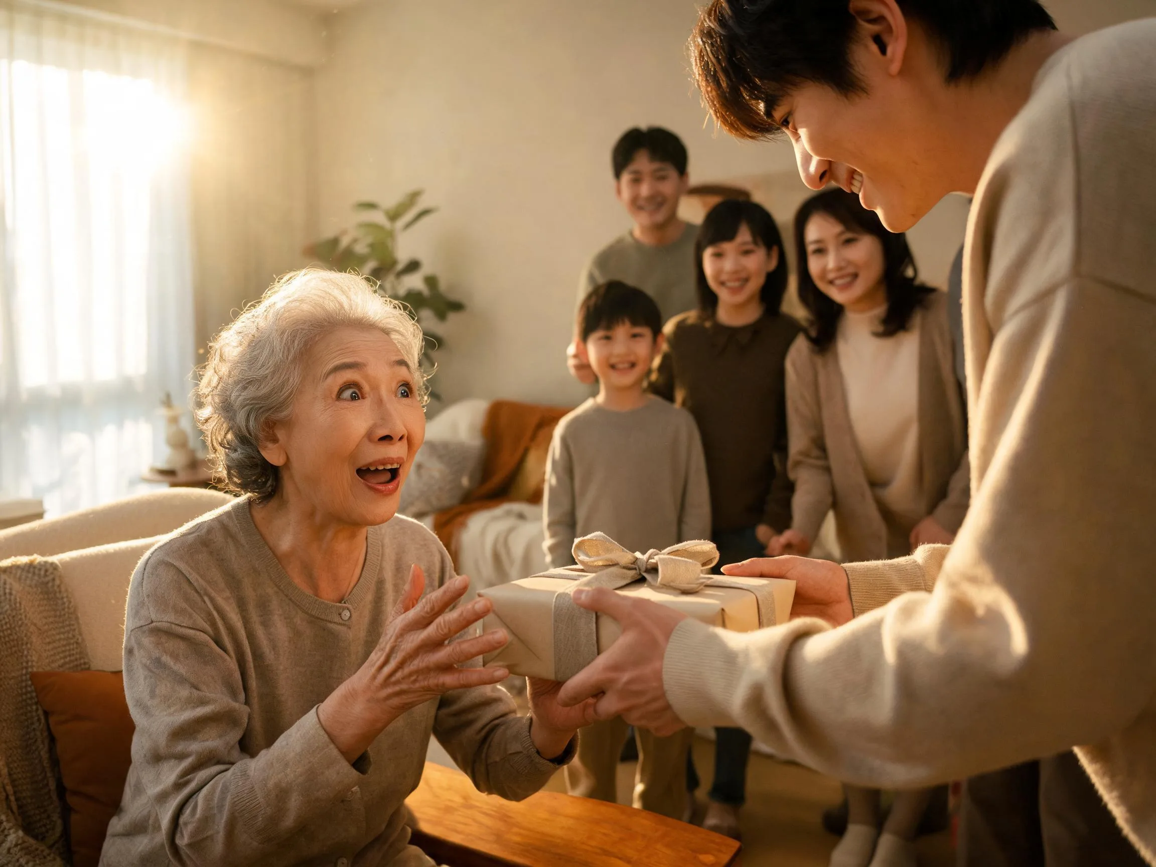 Grandparent reacts with joyful surprise while being handed an unexpected wrapped gift indoors.
