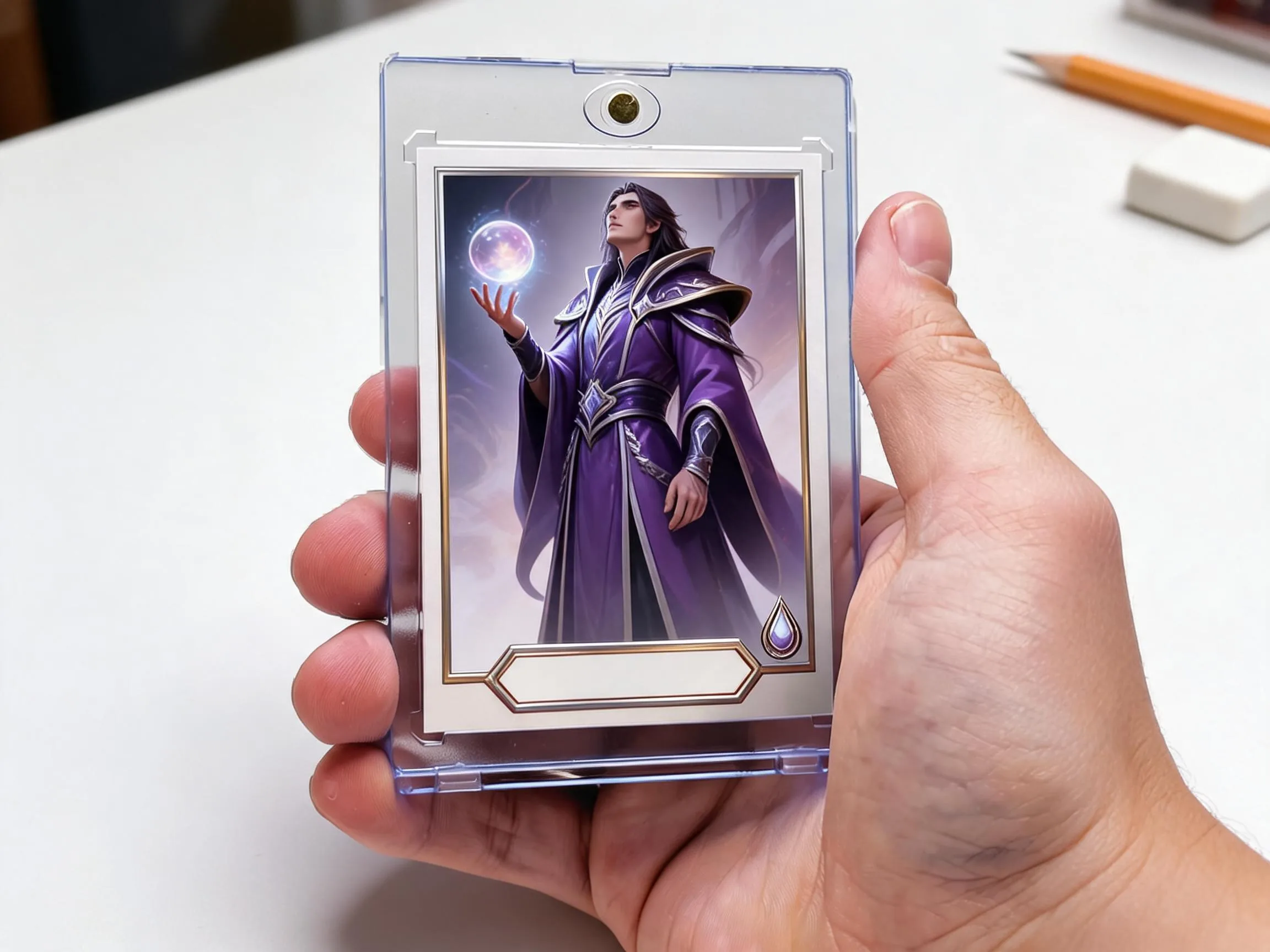 Hand holding a custom keepsake trading card in a clear magnetic display case.