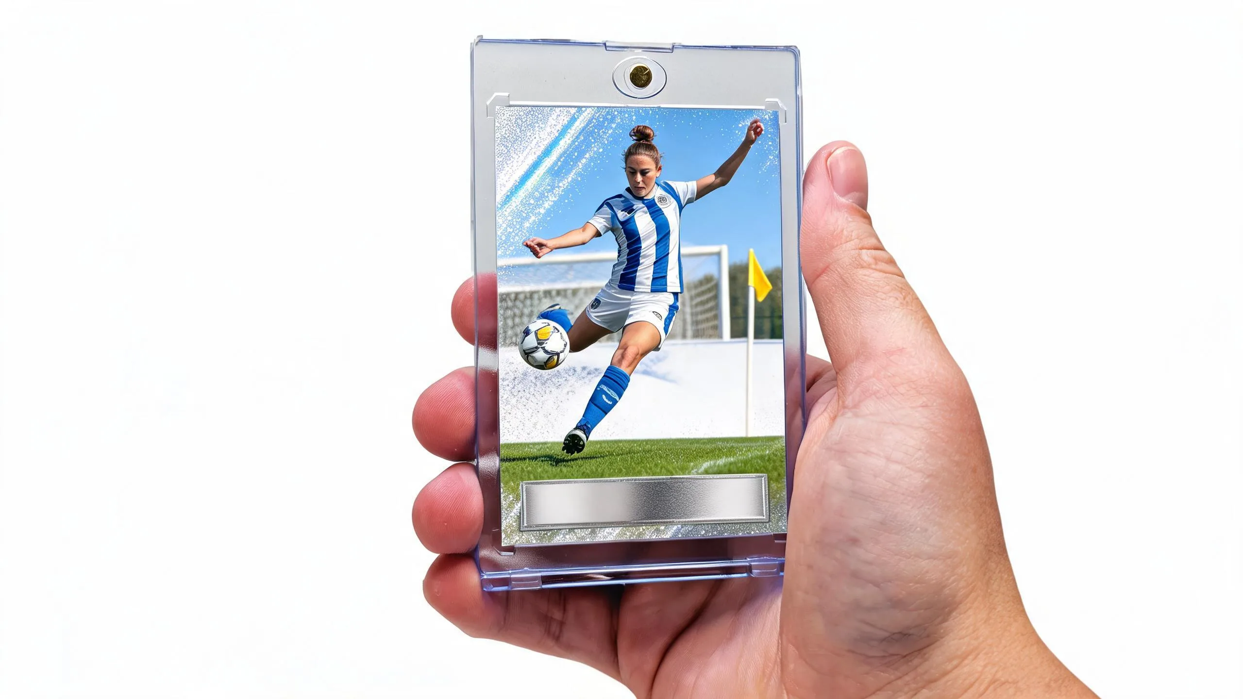 Youth soccer player custom trading card printed on premium card stock displayed in a free magnetic protective case