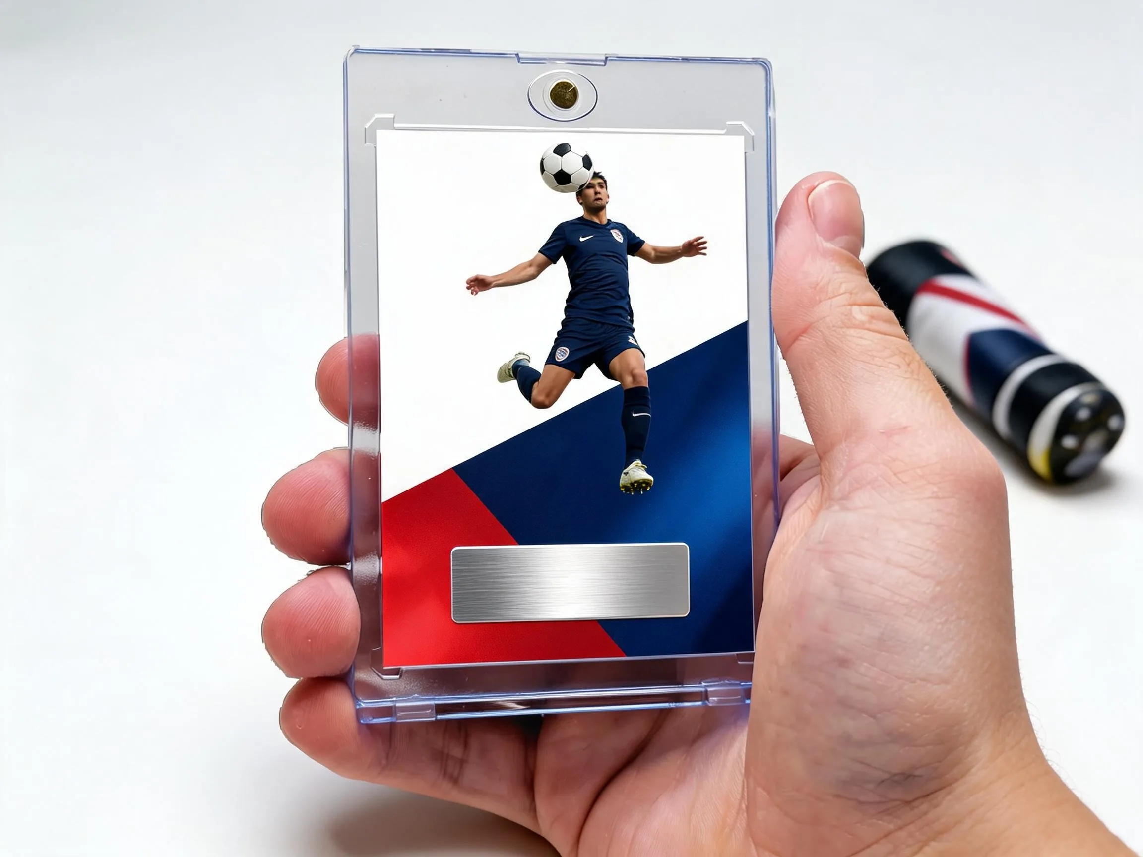 Side by side comparison of a phone photo and the finished custom soccer trading card with pro-style template design