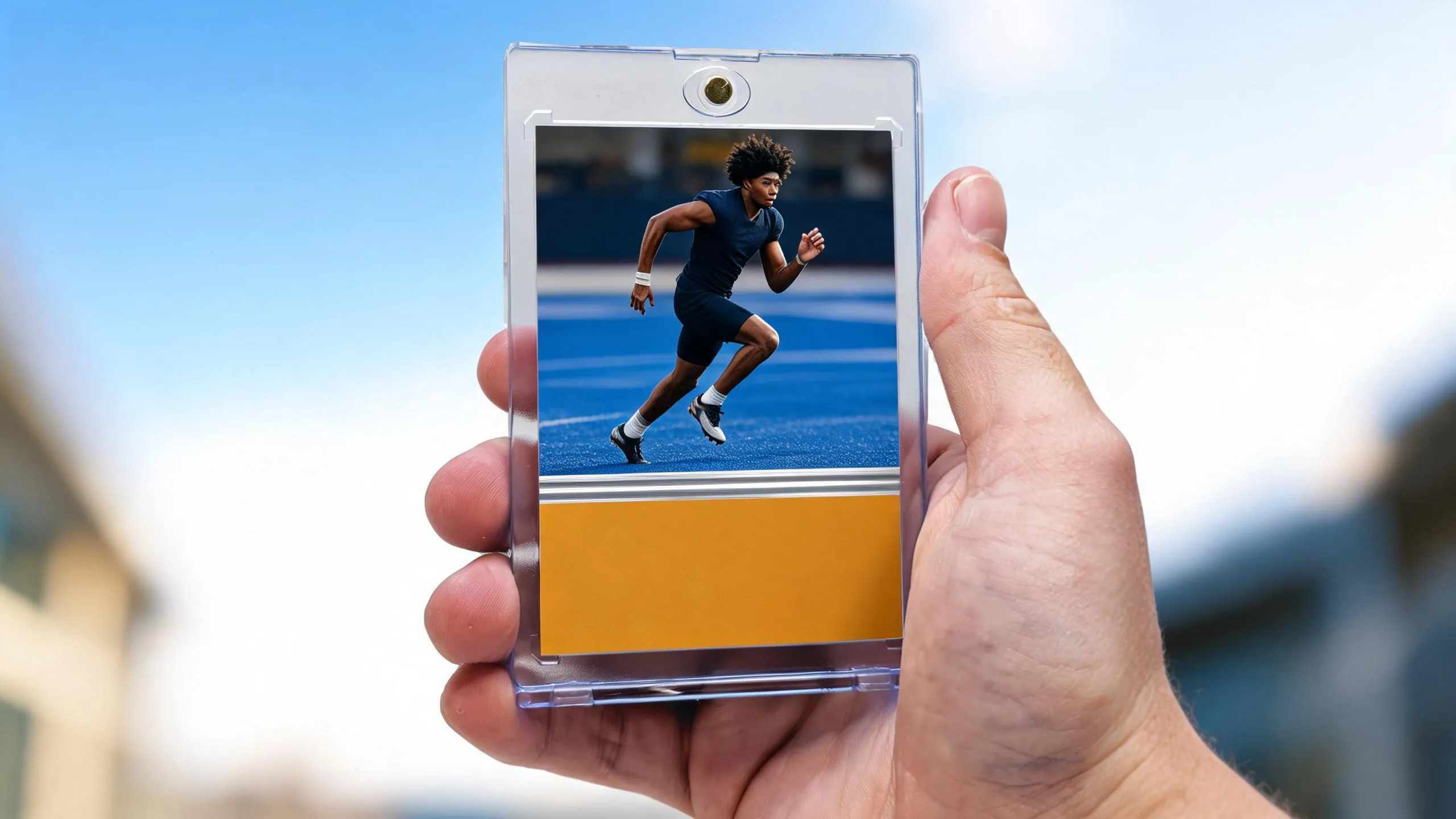 Hand holding a magnetic case with a blank sports card, illustrating how to make your own sports cards.