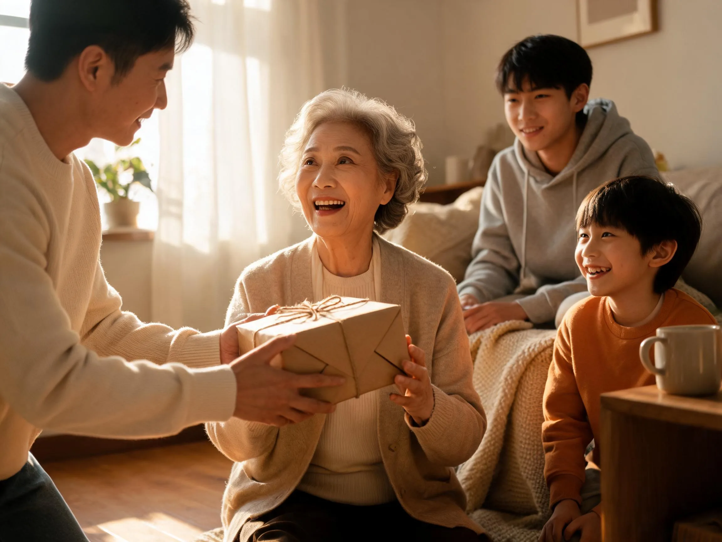 Family member reacting with genuine surprise while being handed an unexpected wrapped gift indoors.