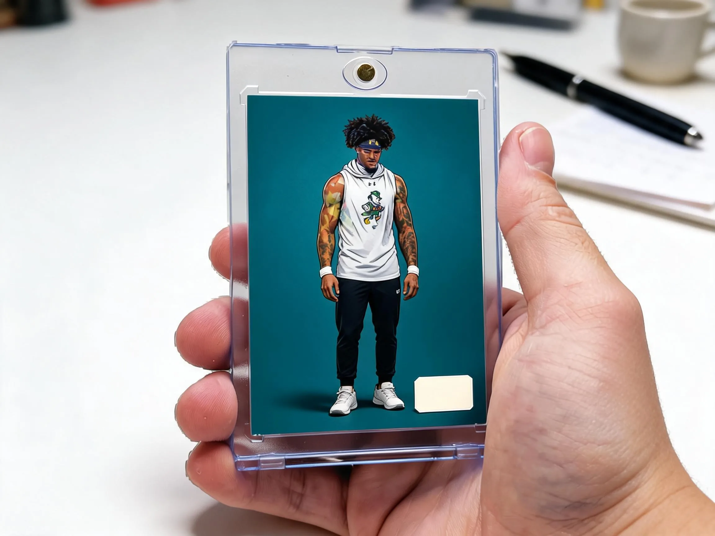 Custom keepsake trading card in a magnetic case, showing a clean teal editorial card design.