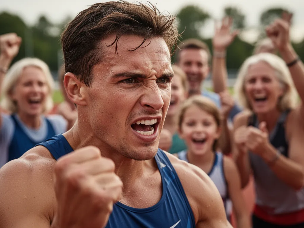 [Athlete's focused face with proud family members celebrating in warm background blur]