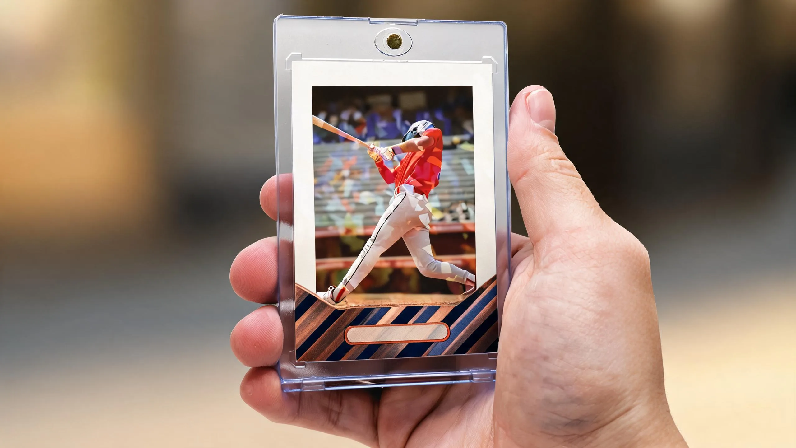 Hand holding magnetic trading card case, showing how to make your own trading cards at home.