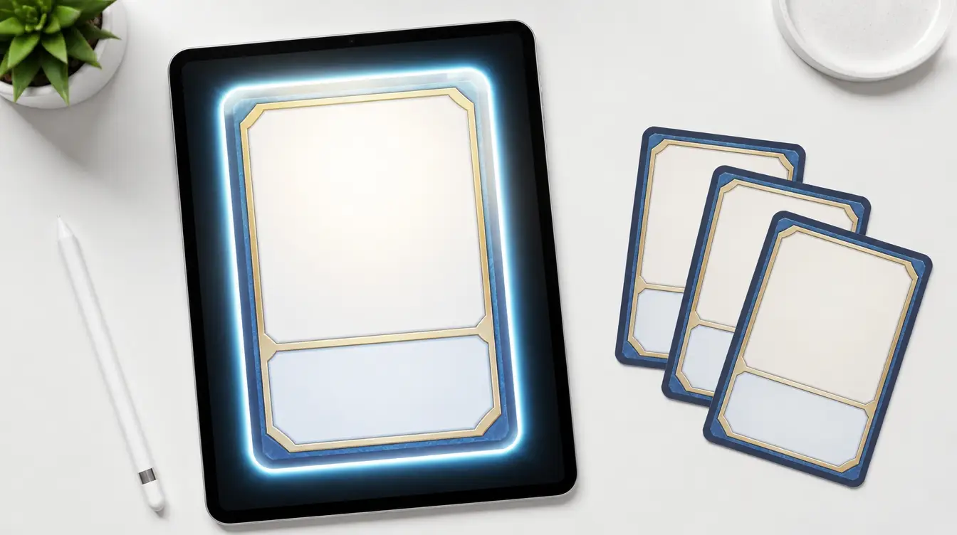 A blank trading card being designed on a tablet beside printed cards