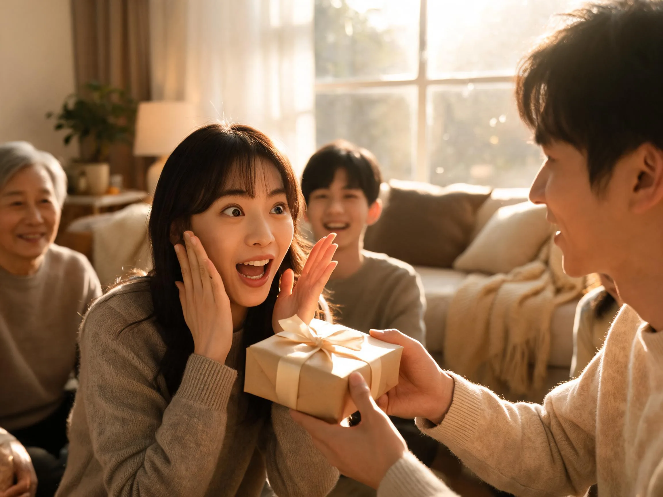 Person reacting with genuine surprise and joy while being handed an unexpected gift indoors.