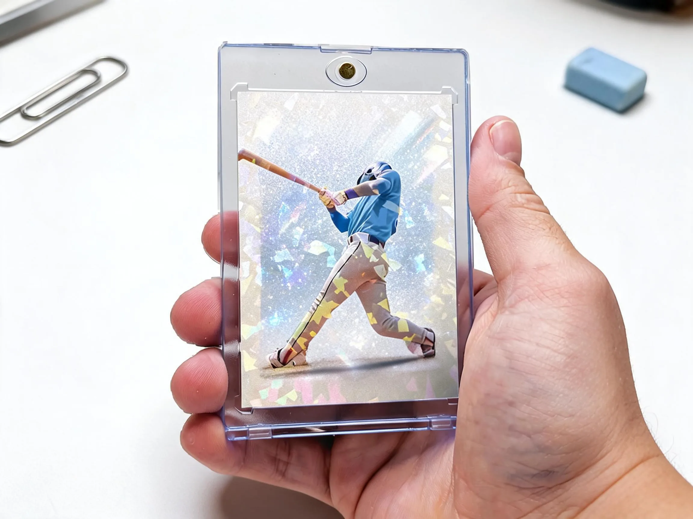Custom keepsake trading card in a clear magnetic case on a white tabletop.