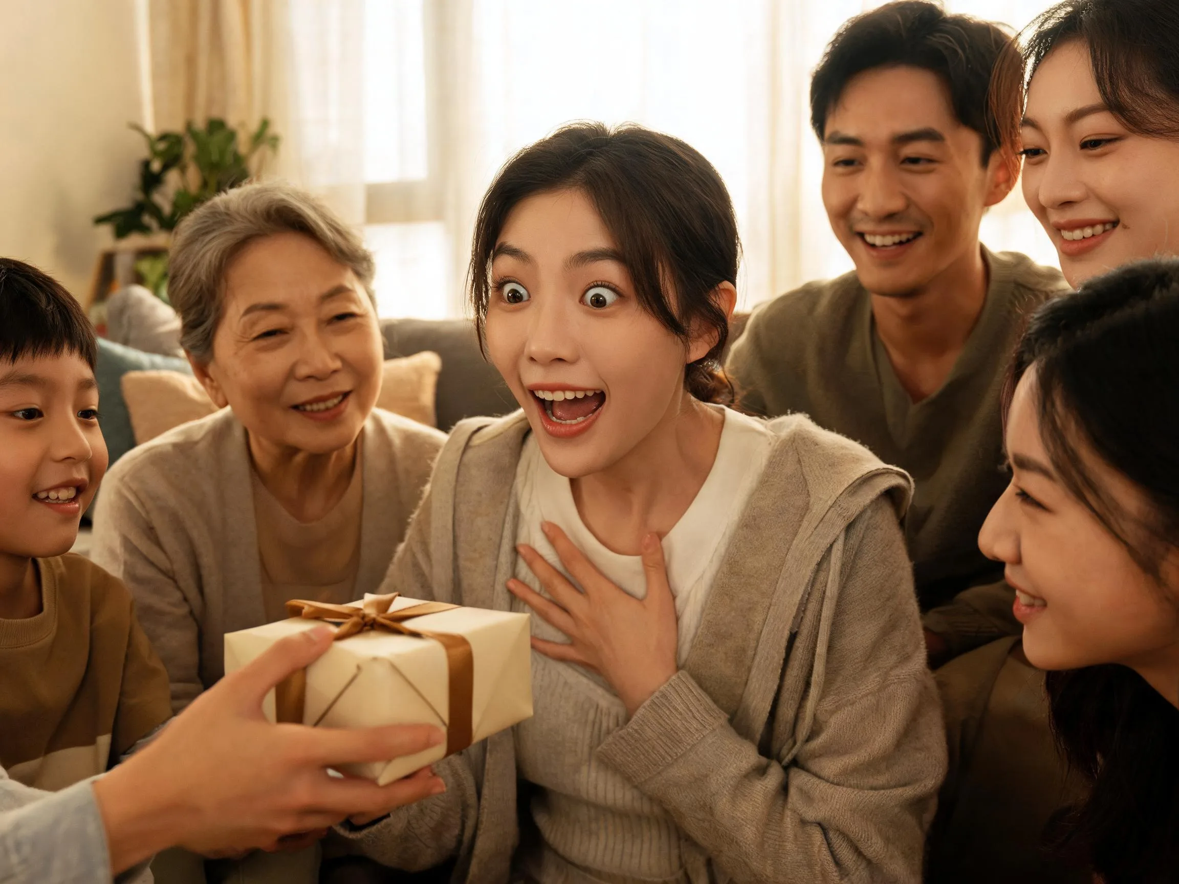 Genuine surprised reaction as someone receives an unexpected gift in warm light.