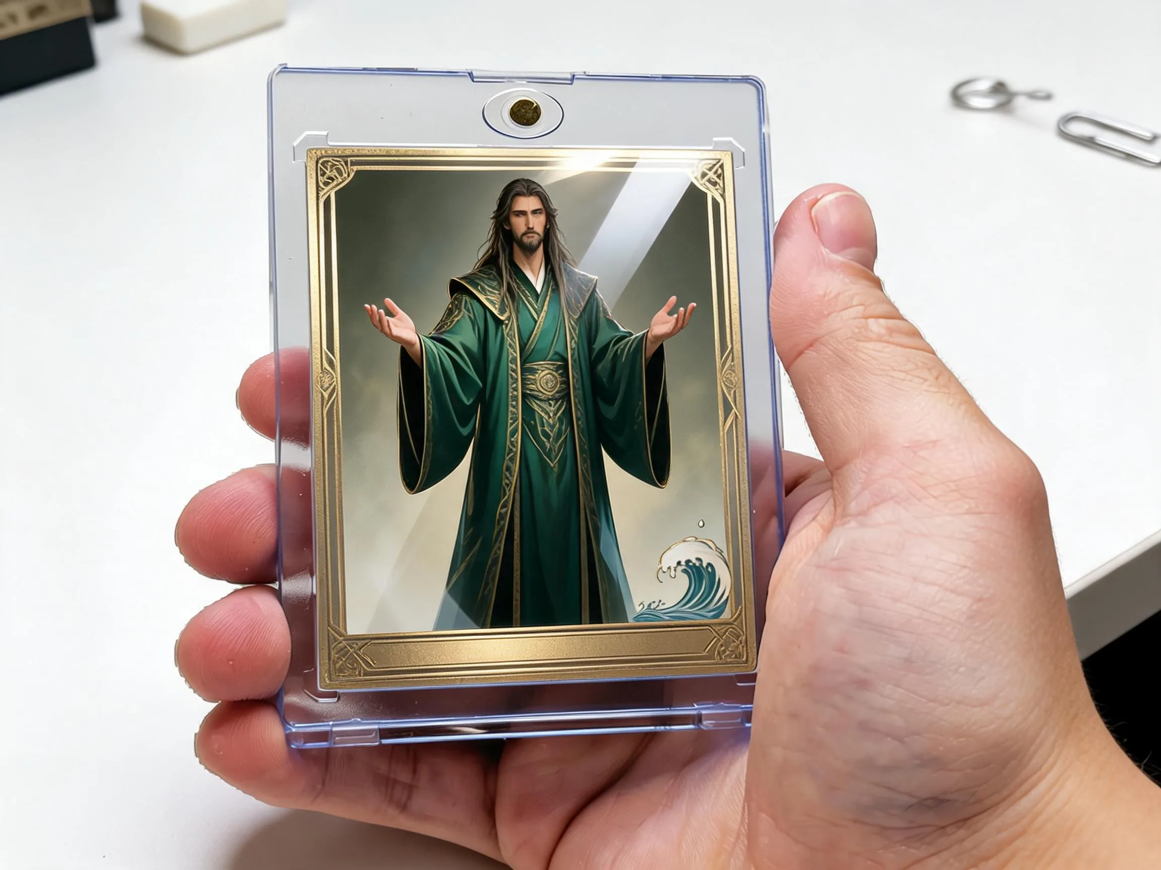 Custom keepsake trading card in clear magnetic case displayed on white tabletop.