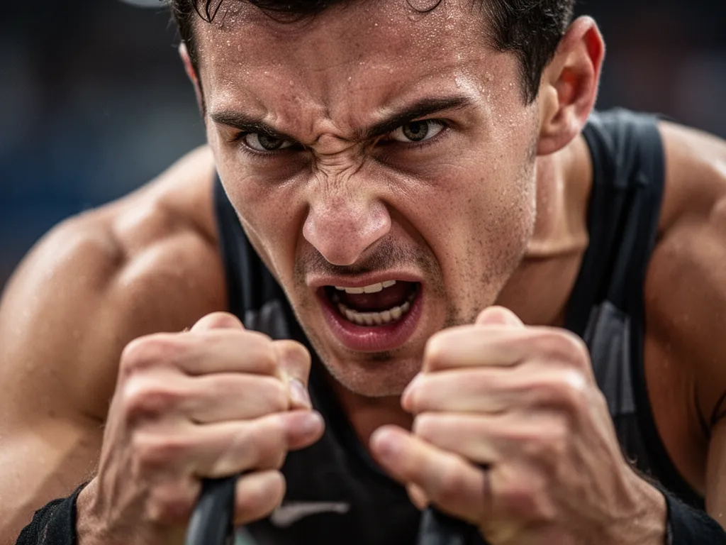 [Athlete's concentrated expression and hands during intense sports performance moment]