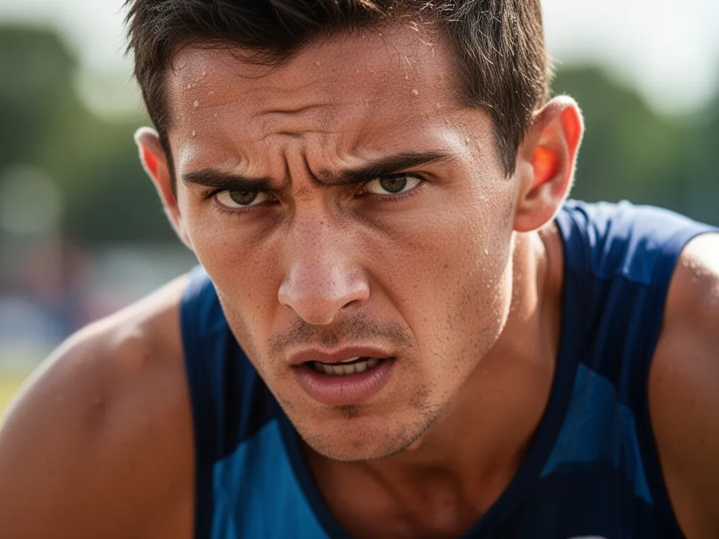 [Close-up of athlete's concentrated face showing competitive determination during sports action]