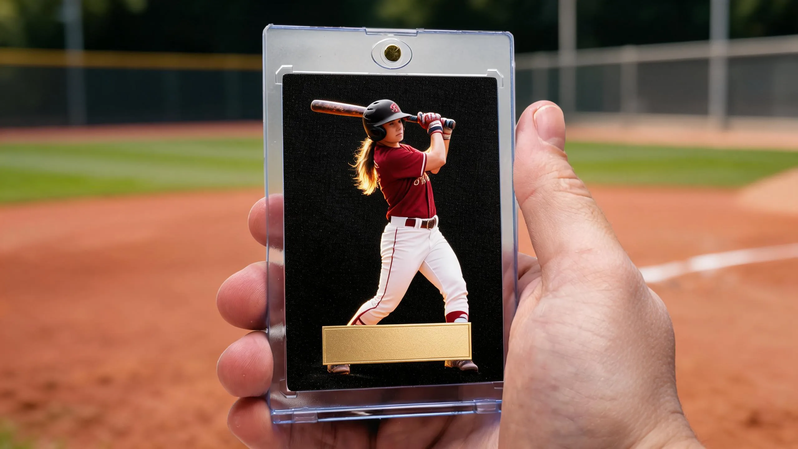 Hand holding magnetic case showing how to turn a picture into a baseball card, dark gold-foil design