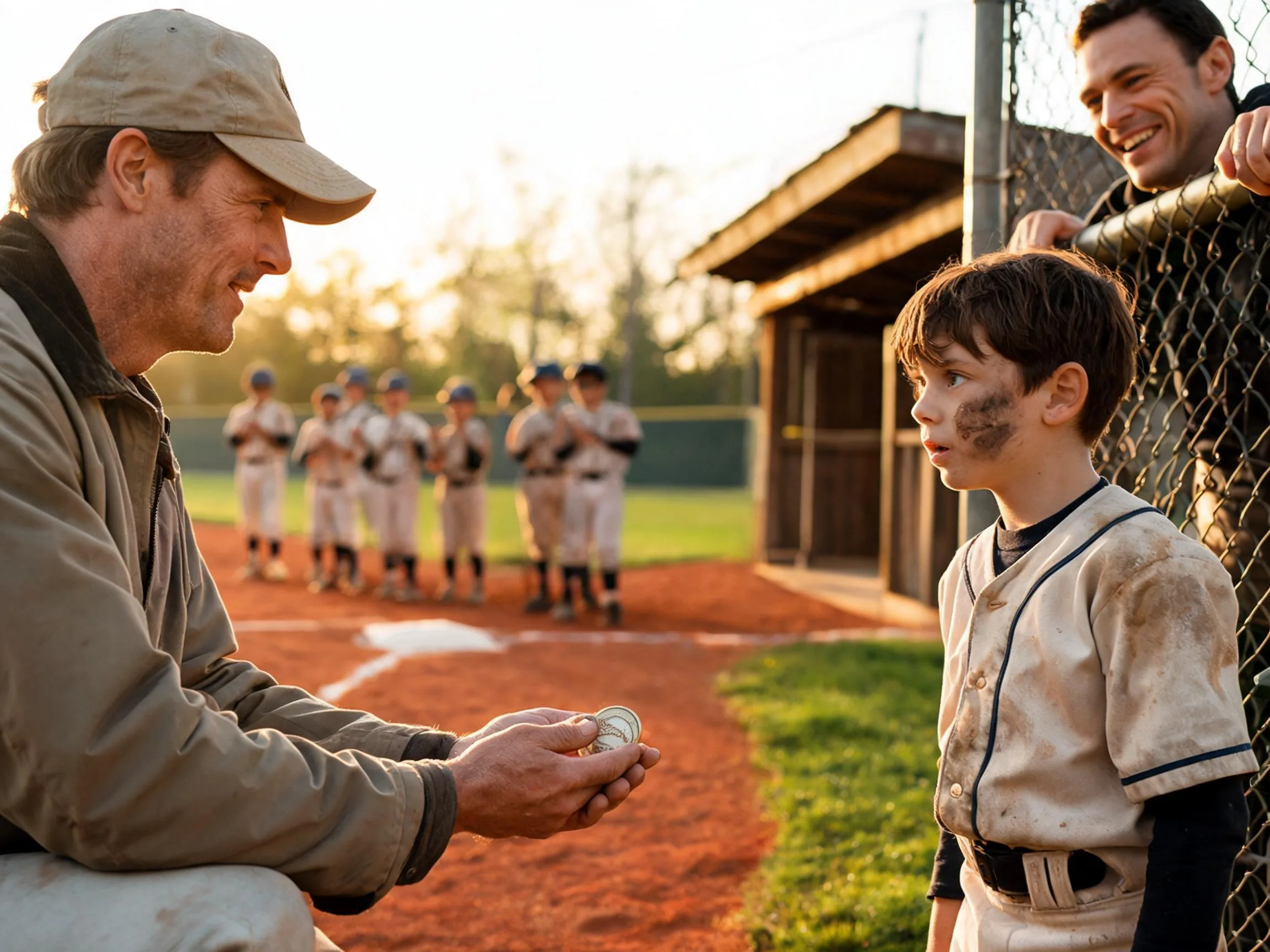 Coach shares a proud moment with young athlete at baseball dugout, parent watching happily