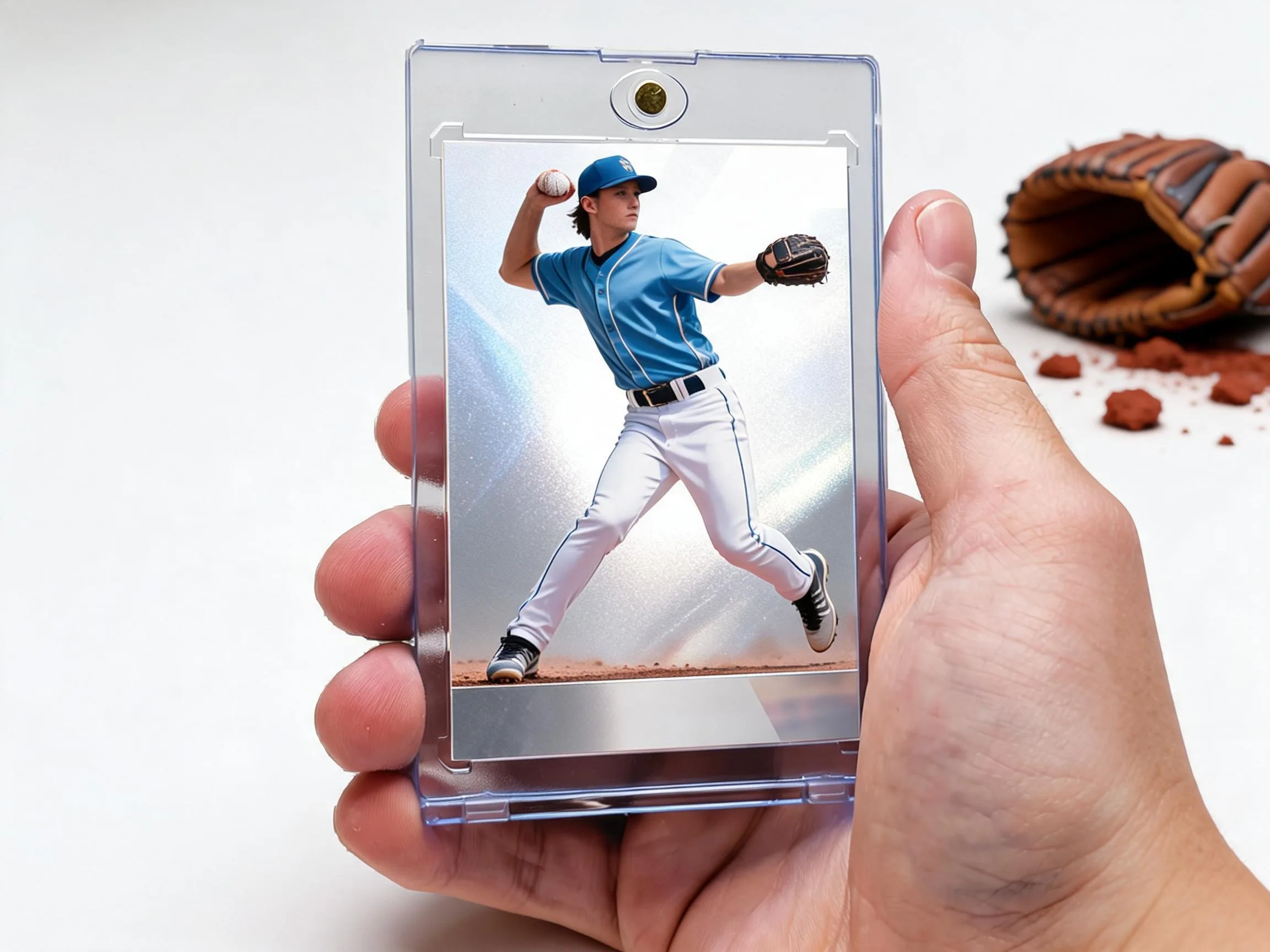 Custom baseball trading card in clear magnetic case with chrome refractor finish, close-up
