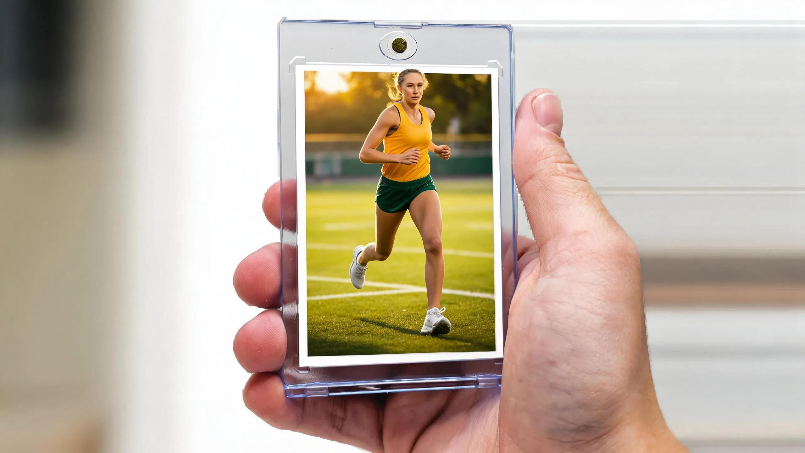 Hand holds a magnetic case with a sunlit stadium sports card, an idea for sports posters.