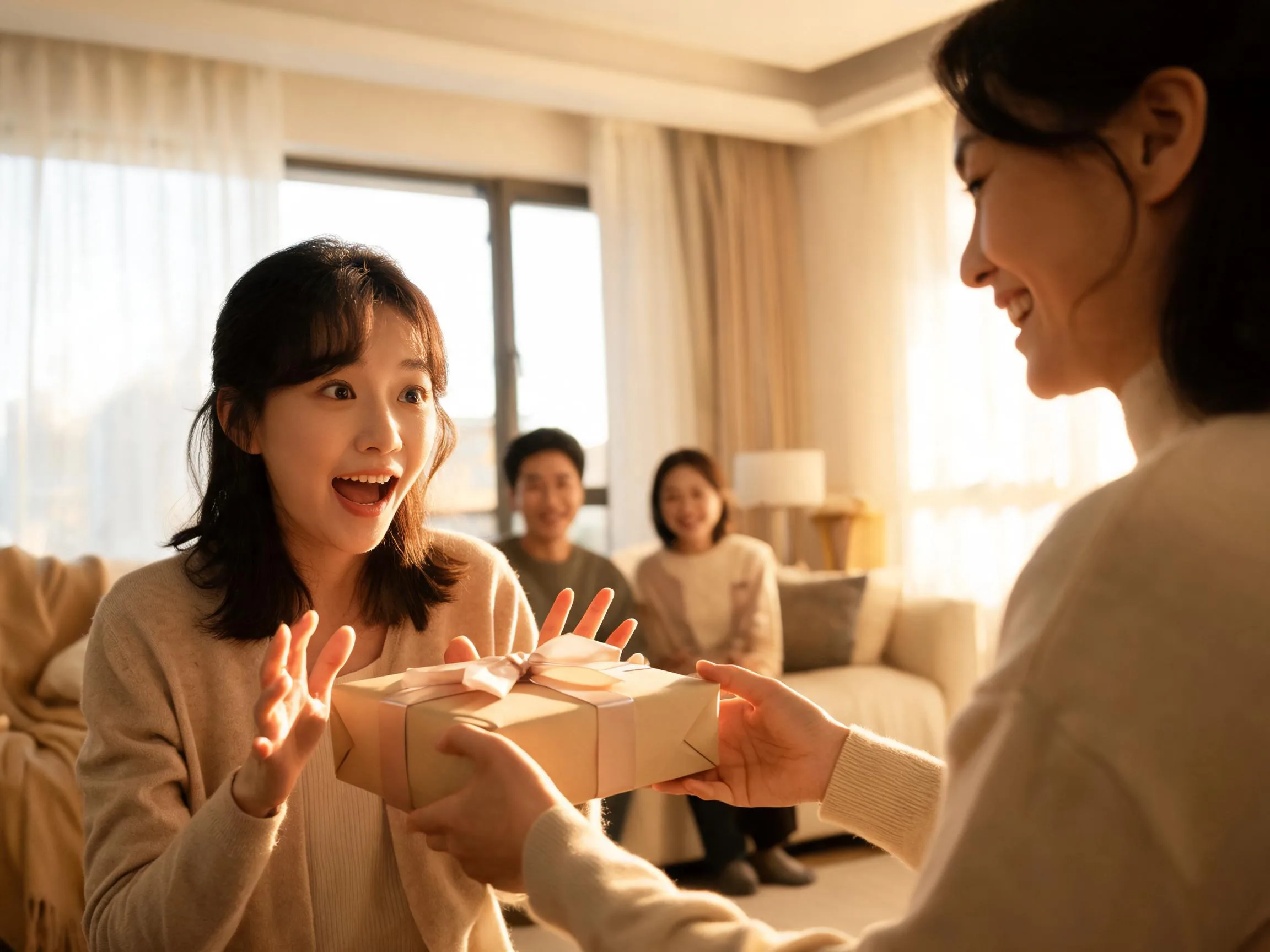 Person reacting with genuine surprised joy while being handed an unexpected gift indoors.