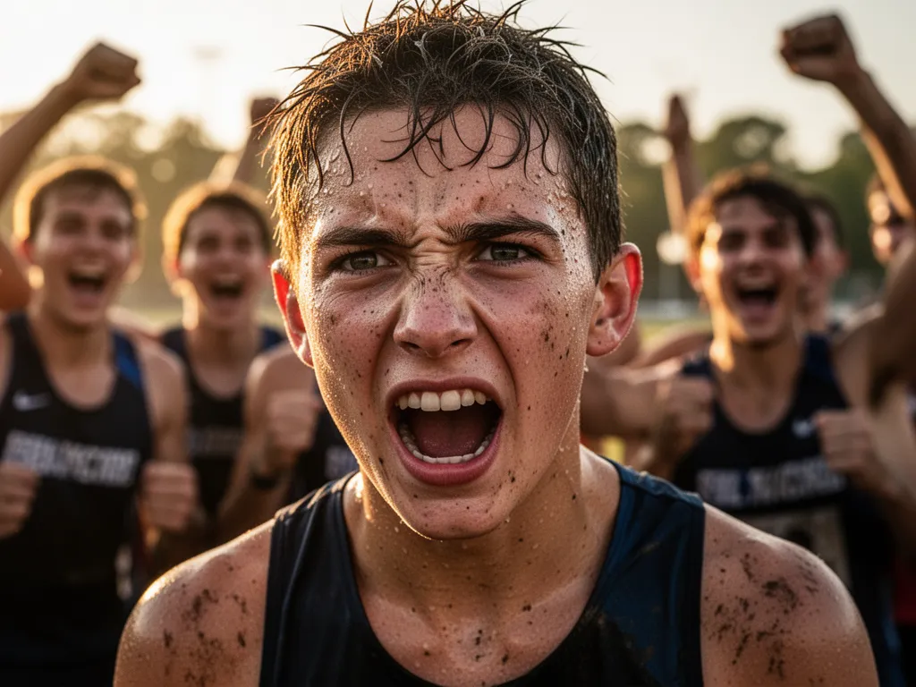 Close-up of determined athlete's face with sweat and emotion after competitive sports performance