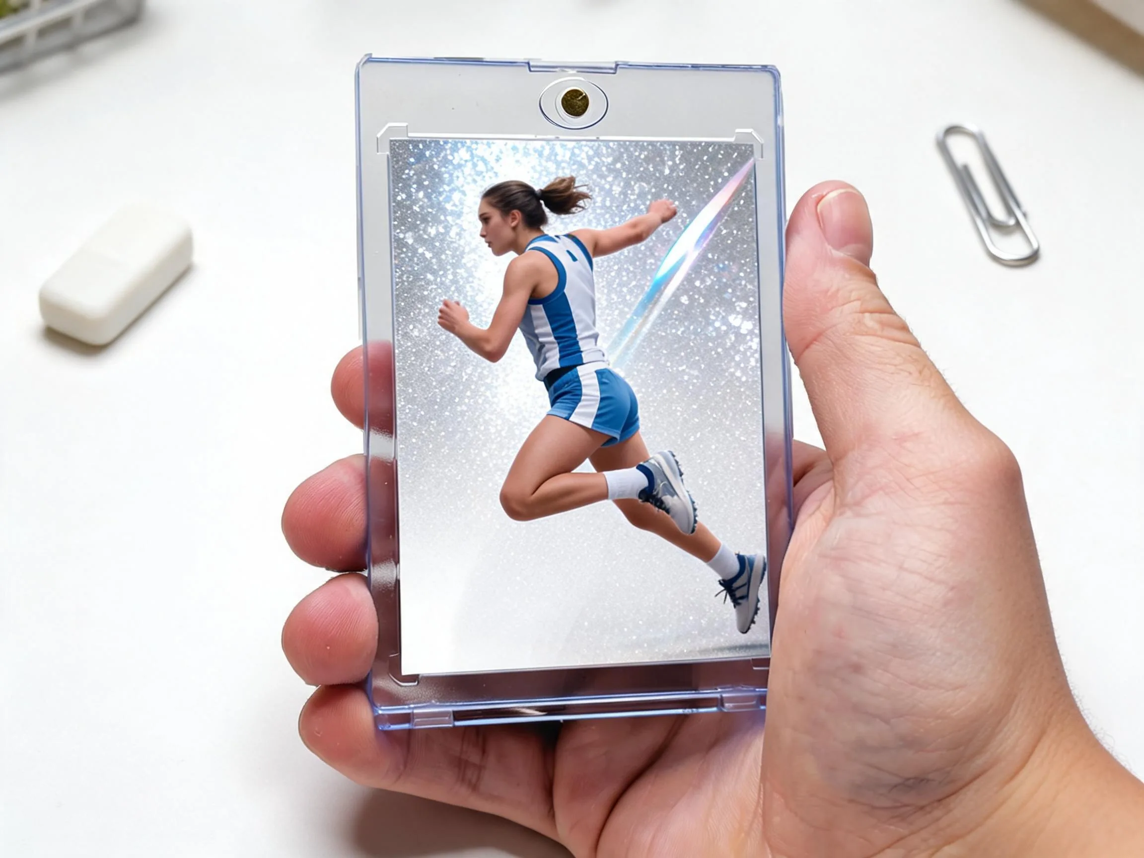 Custom keepsake trading card in a magnetic case showing an icy blue action pose.