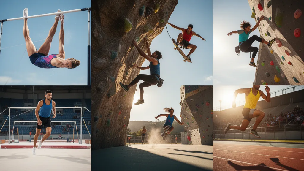 Multiple athletes competing in different sports simultaneously outdoors with dynamic motion and natural lighting