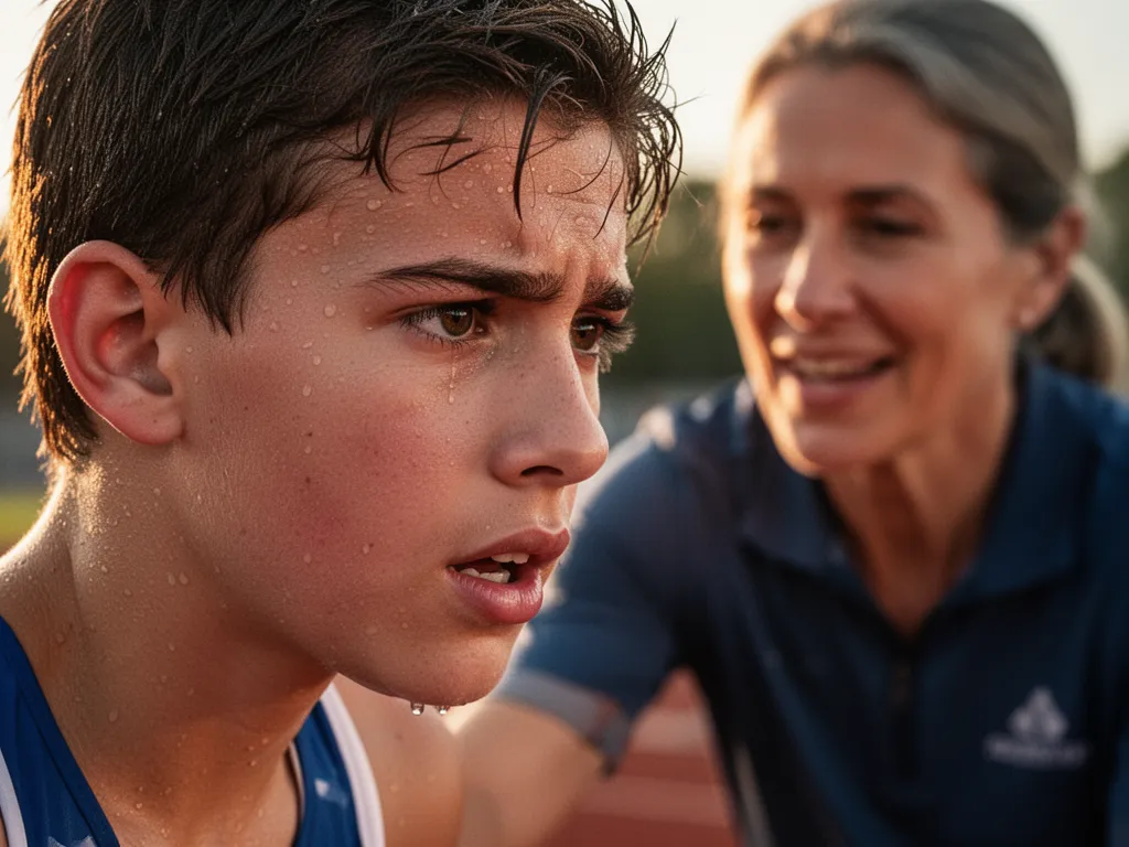 Young athlete's determined expression during competition with supportive adult visible in soft-focus background