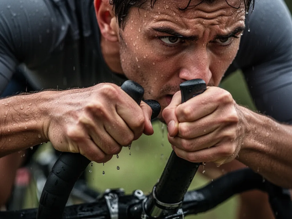 Close-up of athlete's focused expression and hands during competitive moment showing determination