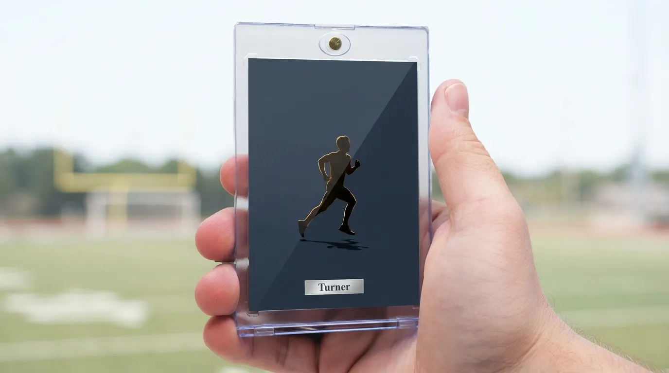 Hand holding magnetic case with in memoriam cards featuring a silhouetted runner on navy background.