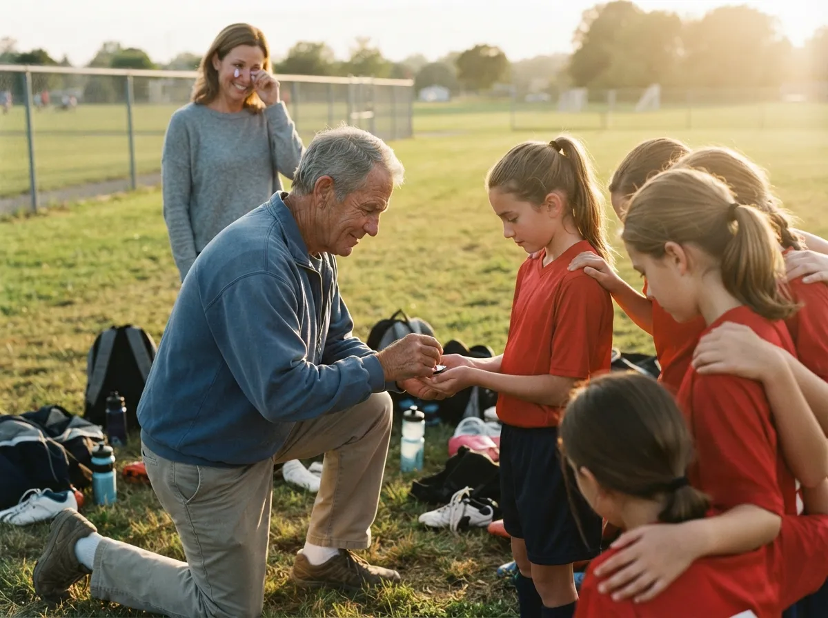 Coach and teammates share an emotional moment with a young athlete on a sunlit field.