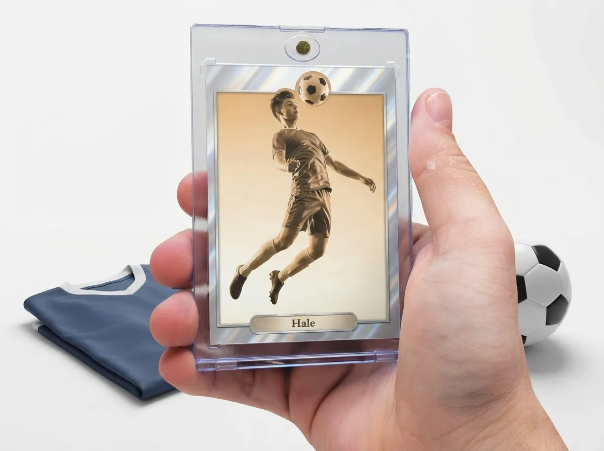 Custom sports trading card in magnetic case showing athlete mid-leap with chrome finish.