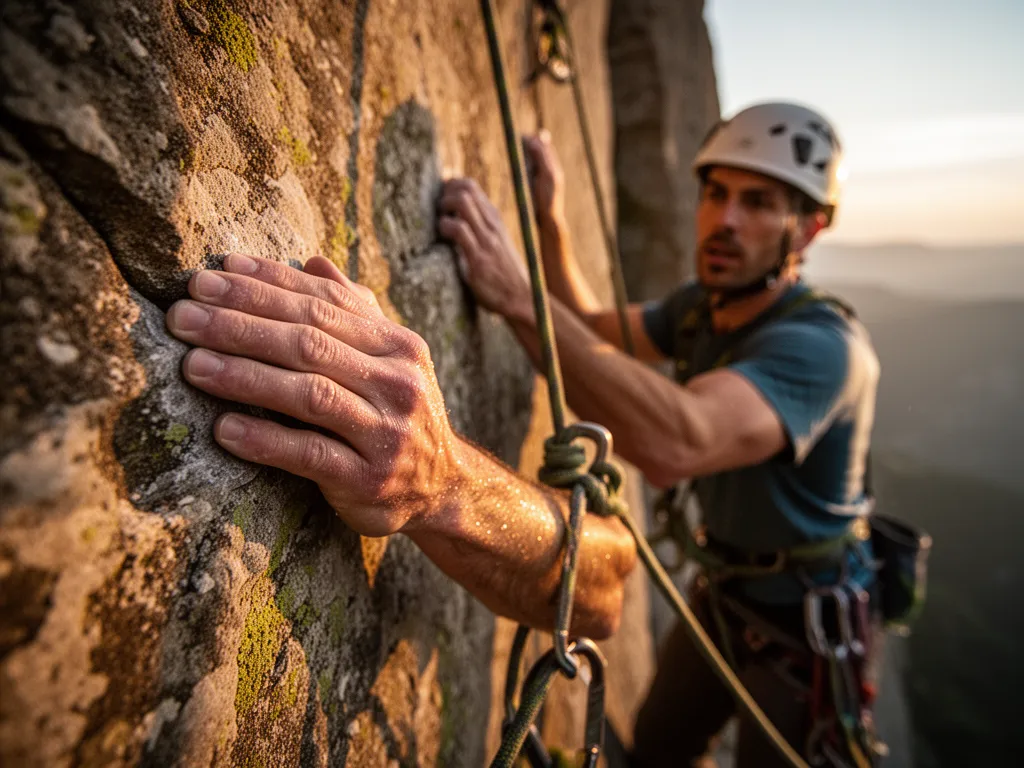 Rock climber's hands and face showing strain and focus while ascending stone wall in golden sunlight