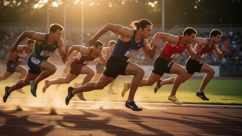Track athletes sprinting at full speed during outdoor competition with dramatic golden hour lighting and motion.
