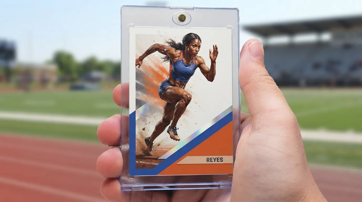 Hand holding magnetic case with in the zone sports photography sprinter card, chrome diagonal frame.