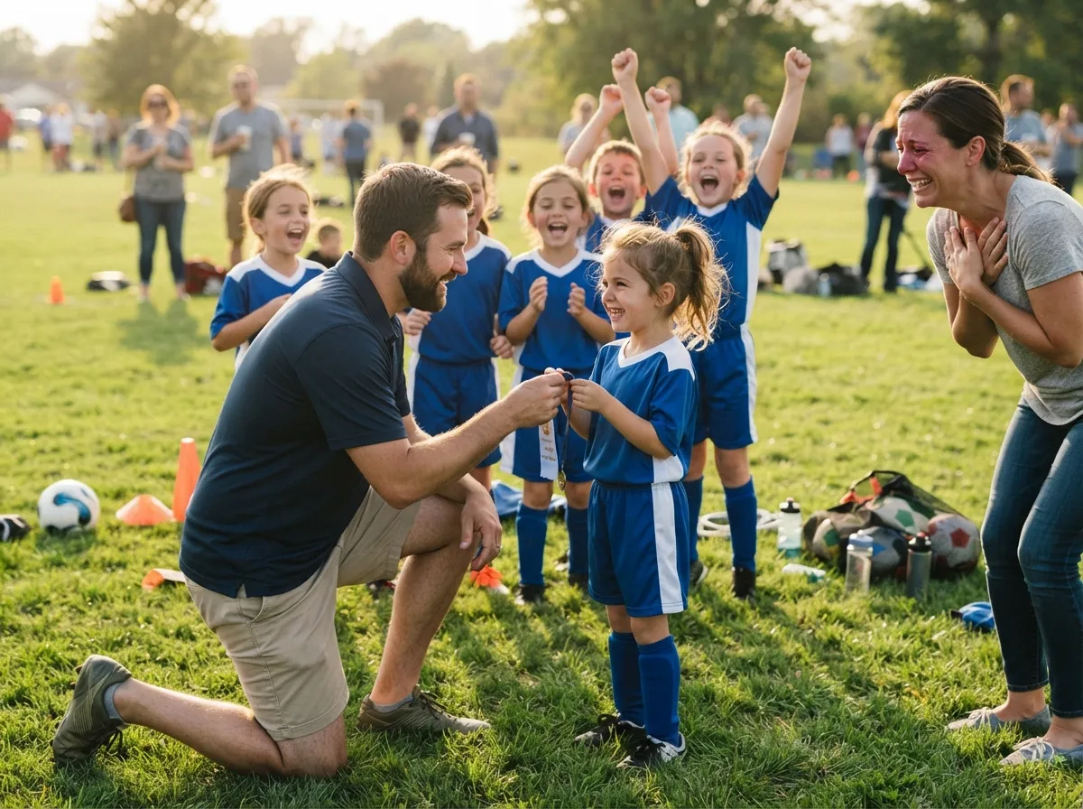 Coach and proud parent share emotional celebration moment with young athlete on sports field.