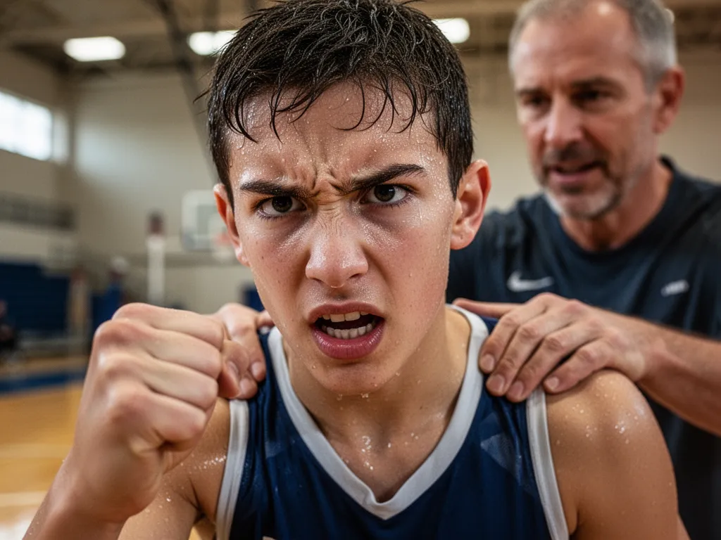 Young athlete's determined expression with coach's encouraging hand on shoulder during intense training moment.