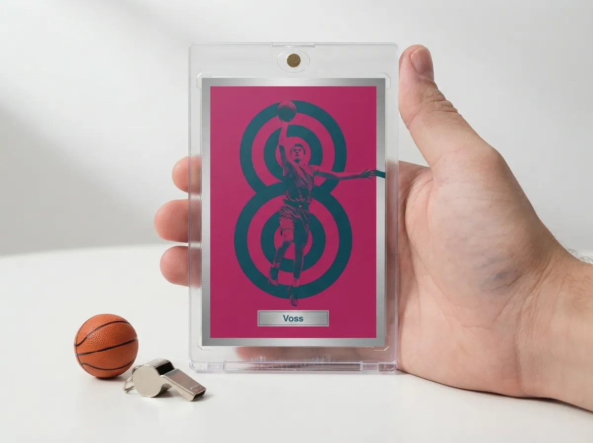 Custom sports trading card in magnetic case, duotone basketball design with metallic border.