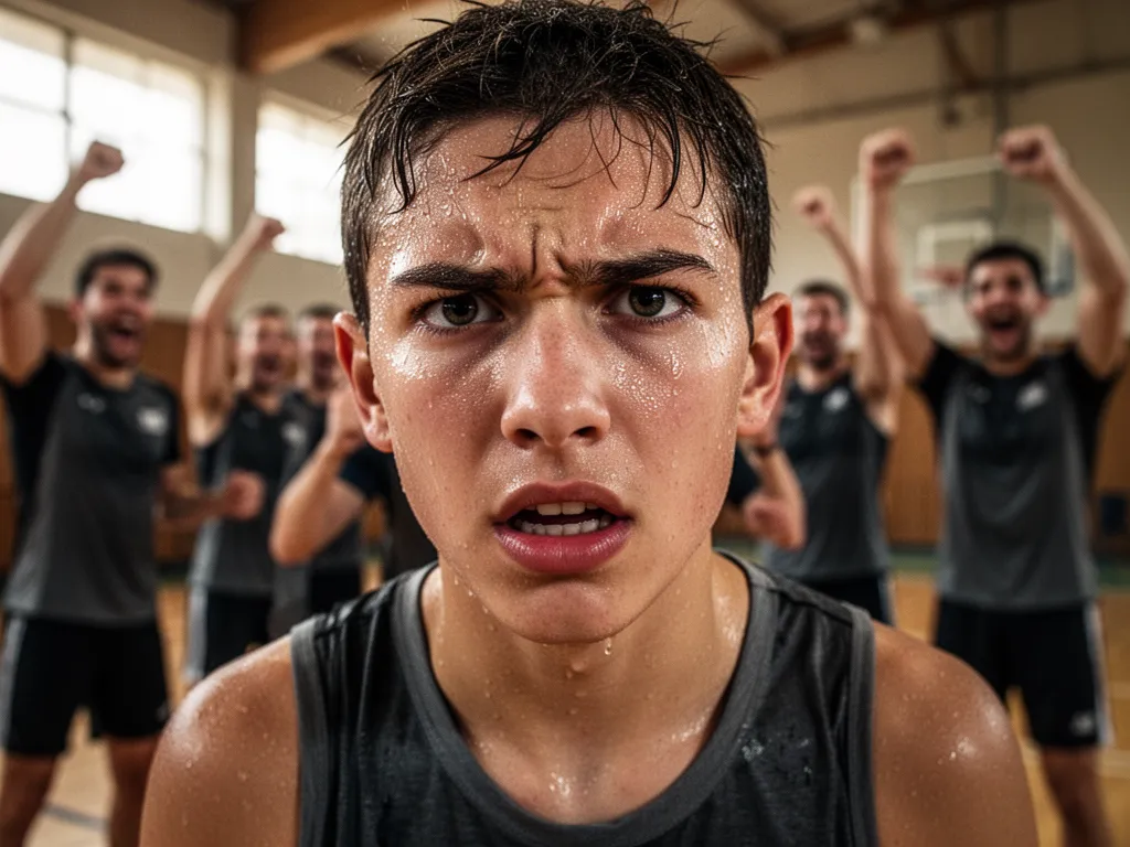Young athlete's focused expression during training with supportive teammates visible in soft background blur.