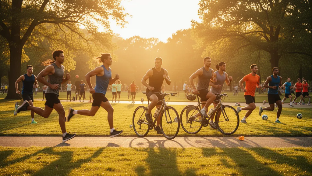 Multiple athletes training outdoors in various sports activities with natural sunlight and dynamic movement