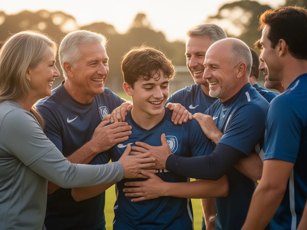 Young athlete surrounded by supportive parents and teammates showing encouragement during outdoor training