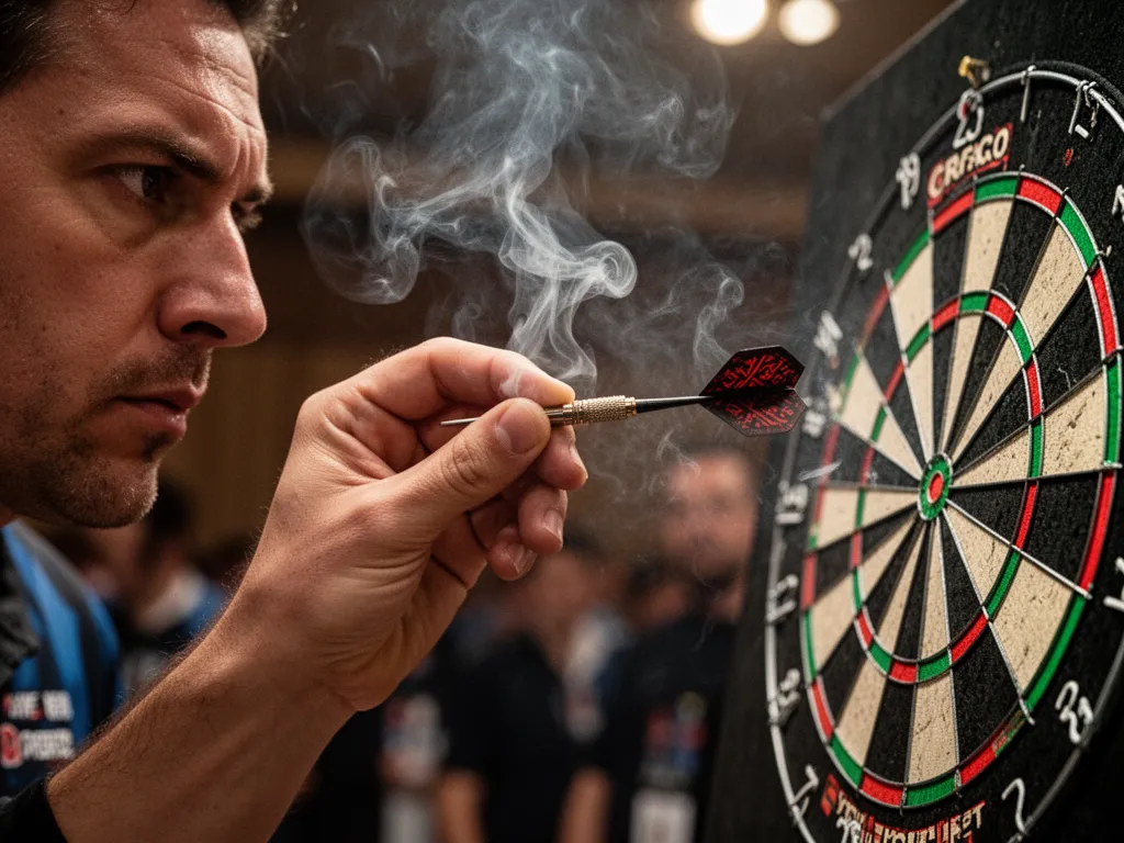 Dart player's focused expression and hand release captured in smoky indoor competition moment
