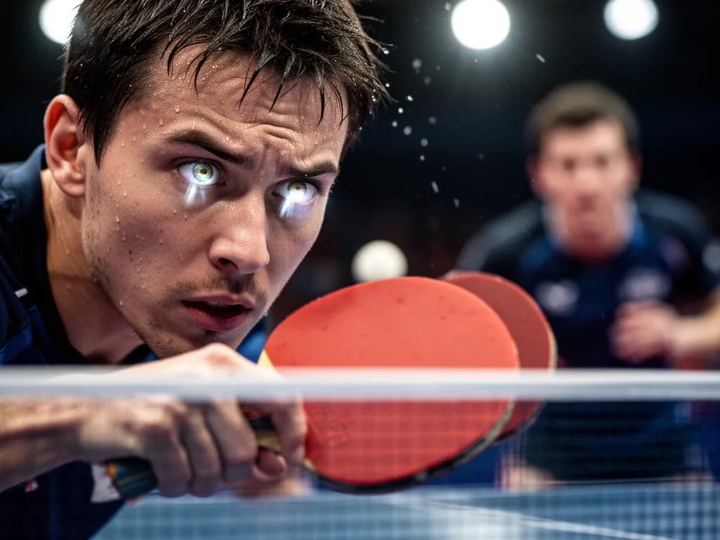 Table tennis player's focused expression during competitive indoor match play.