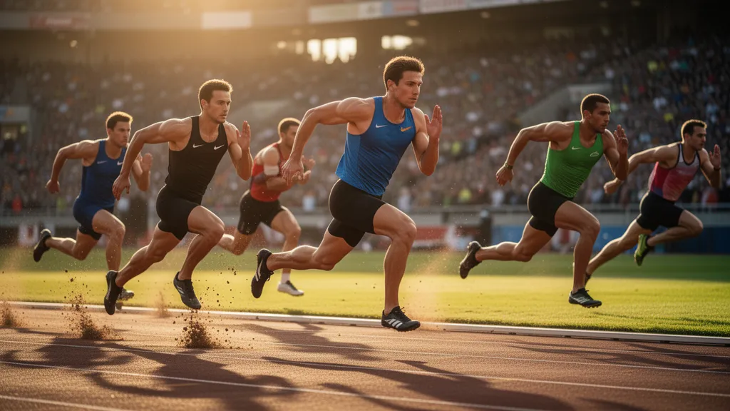 Multiple sprinters racing at full speed across an outdoor athletic field during sunset with spectators visible in background.