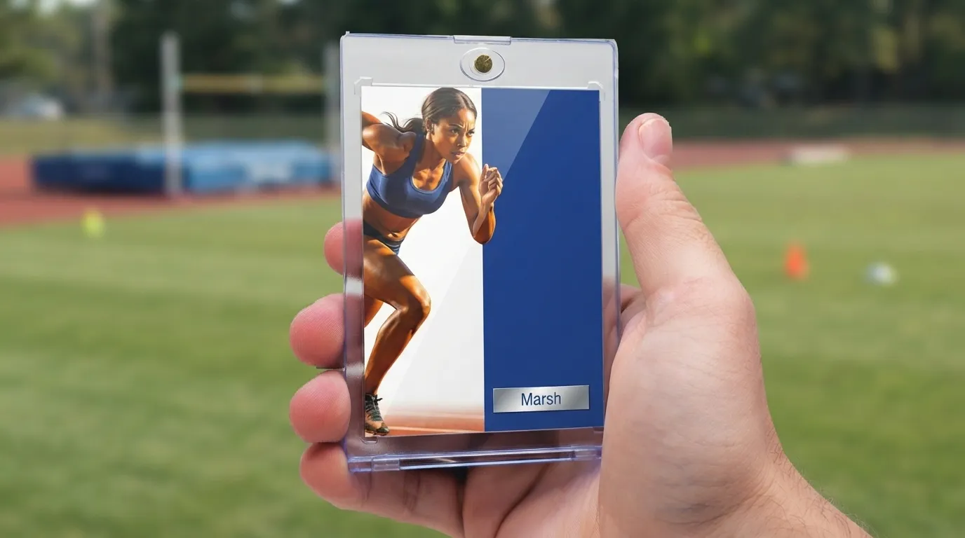 Hand holding magnetic case with inland sports photography trading card, split action photo design.